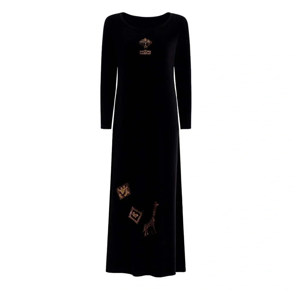 Vintage Black Velvet Medium Maxi Dress Animal Print Leopard Giraffe USA Made Y2K